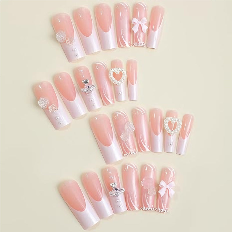 24 Pcs Long Square Press On Nails, Pink French Tip with Pearl, Bow and Rose 3D Nail Art - image 3
