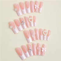 24 Pcs Long Square Press On Nails, Pink French Tip with Pearl, Bow and Rose 3D Nail Art - image 3
