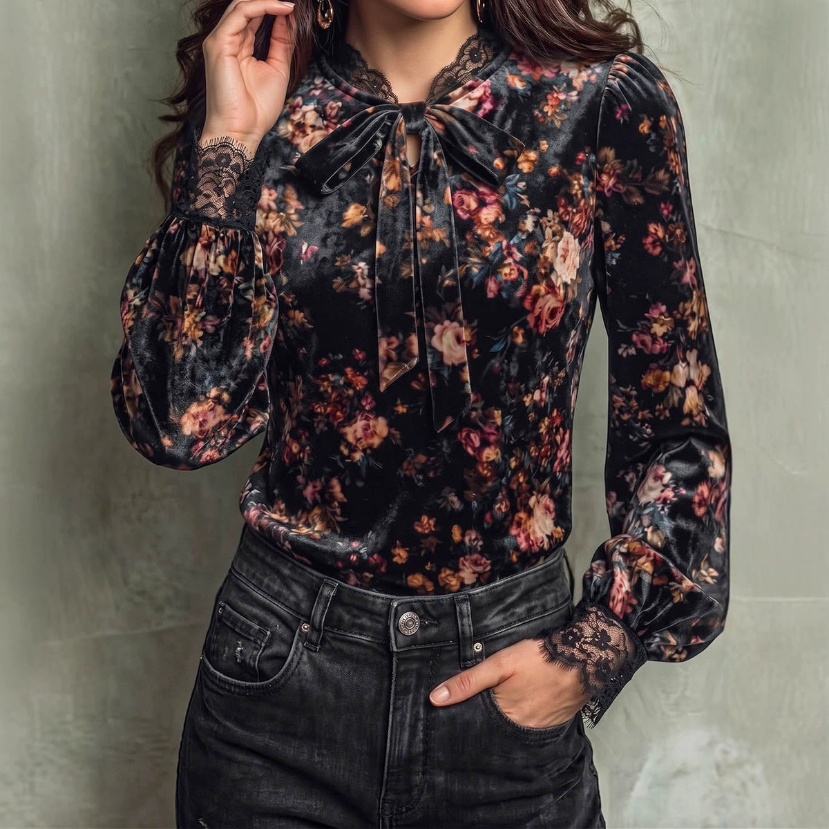 Vintage Bow Lace Trim Puff Sleeve Top - image 2