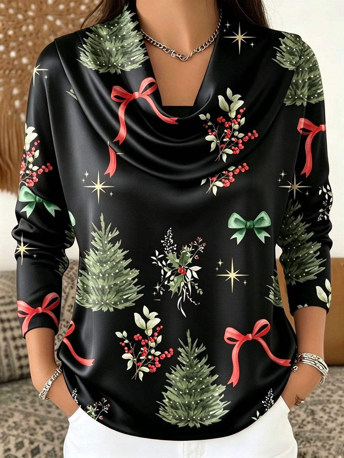Christmas Tree Print Turtleneck Long Sleeve Top