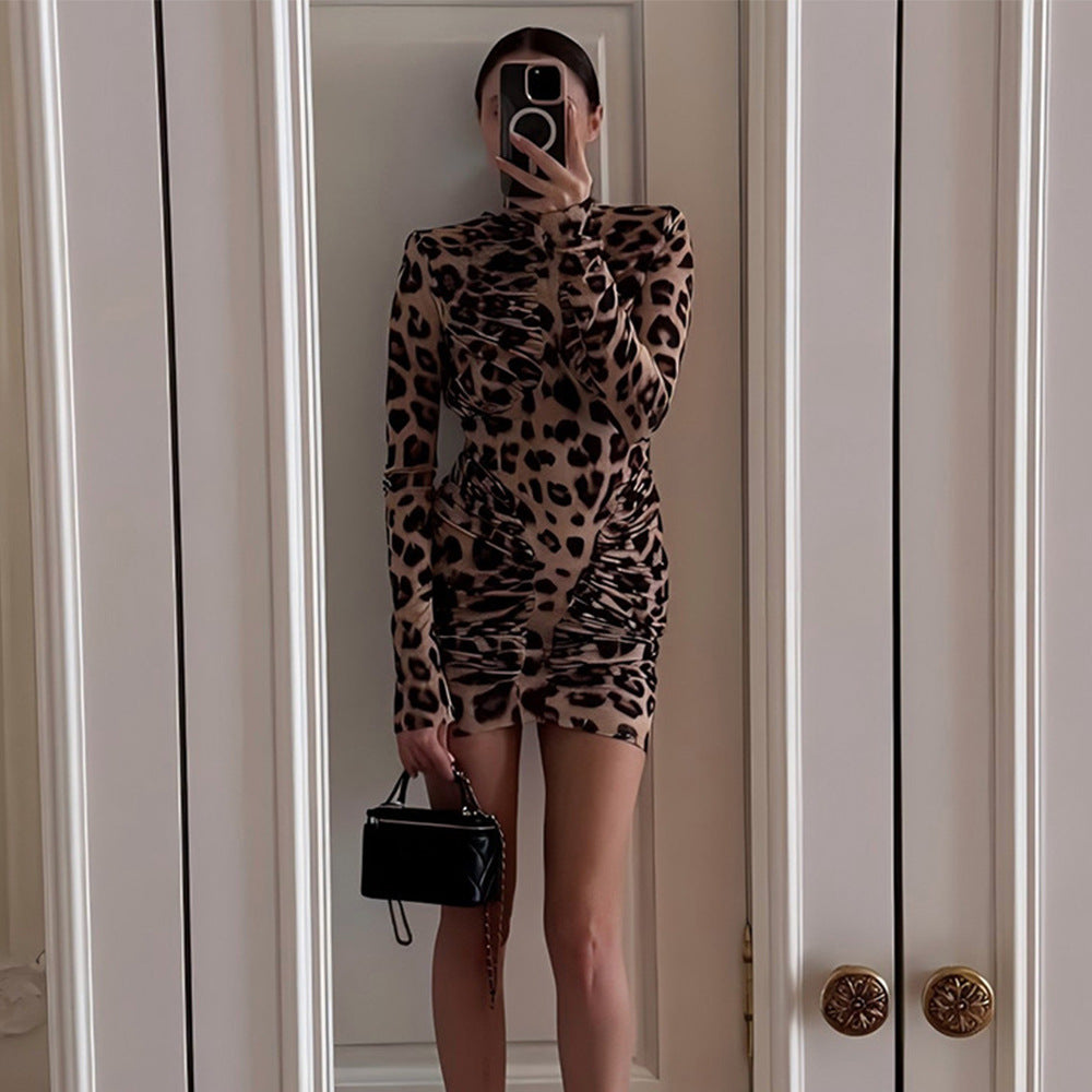 High-neck Leopard Print Tight Backless Bodycon Dress - image 2