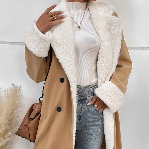 Women's Double-Breasted Long Coat with Faux Fur Lapels - image 6