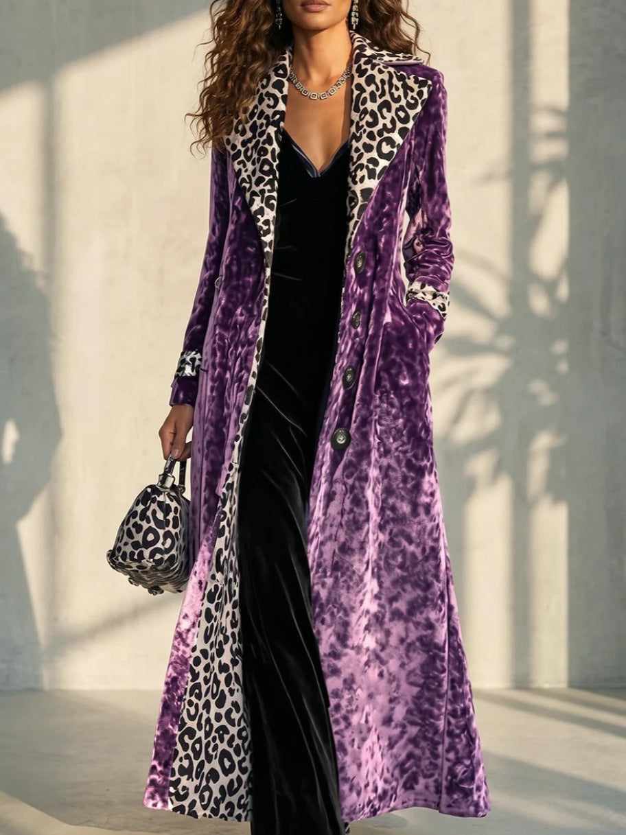 Retro Leopard Print Color Block Trench Coat