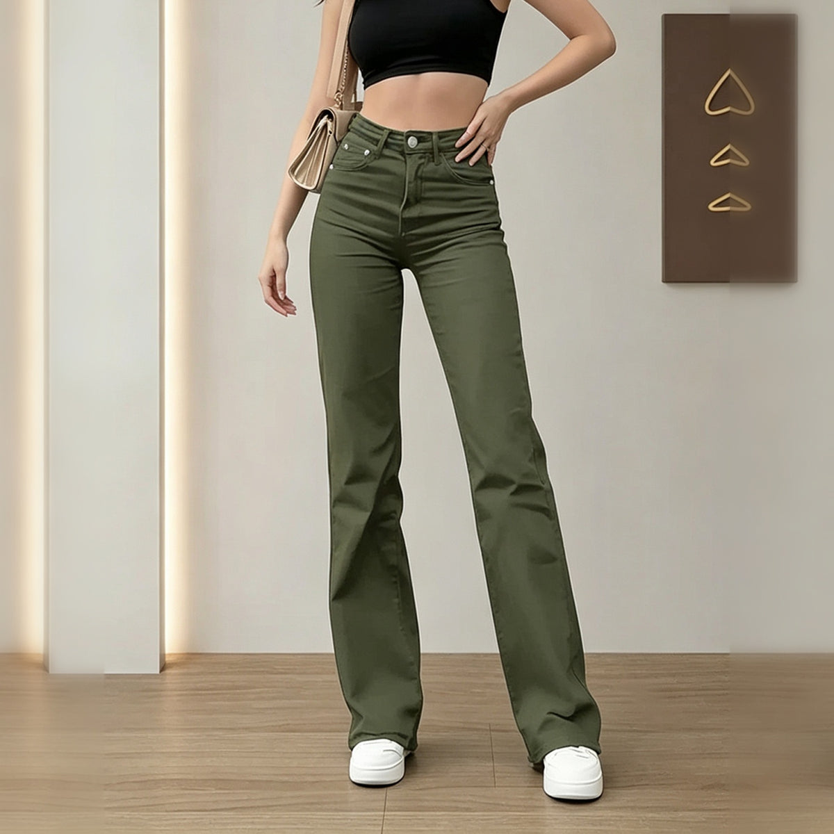 Jeans acampanados verde militar de tiro alto - image 5