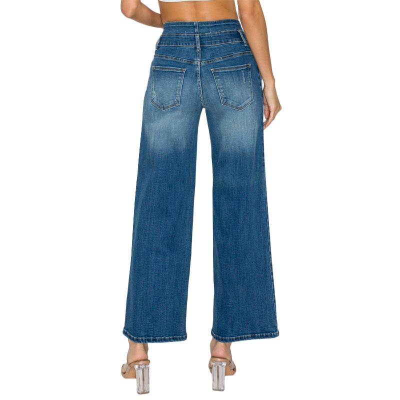 Women's Medium Blue Elastic Waist Jeans - Wide Leg Casual Denim - image 2