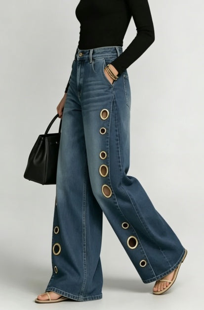 Jeans holgados de pierna ancha con ojales y lavado vintage - image 6