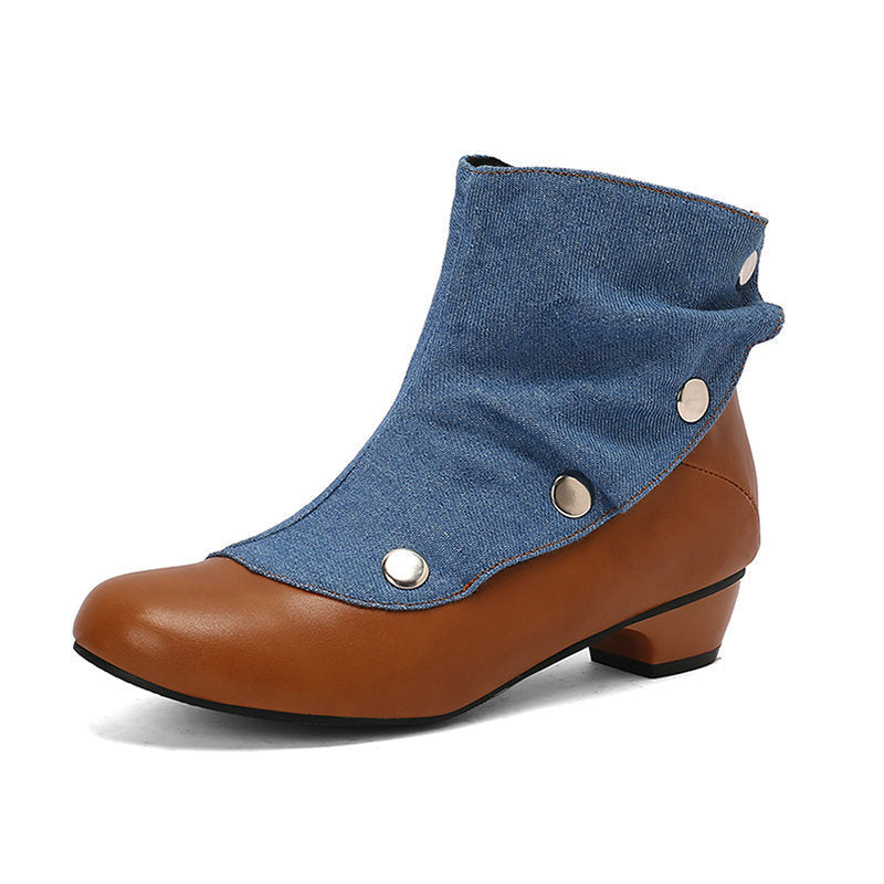 Denim Panel Western Chunky Heel Ankle Boots - image 7