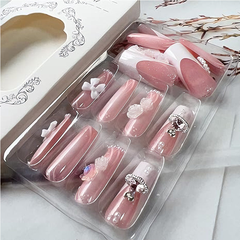 24 Pcs Long Square Press On Nails, Pink French Tip with Pearl, Bow and Rose 3D Nail Art