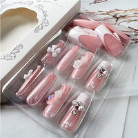 24 Pcs Long Square Press On Nails, Pink French Tip with Pearl, Bow and Rose 3D Nail Art - image 9