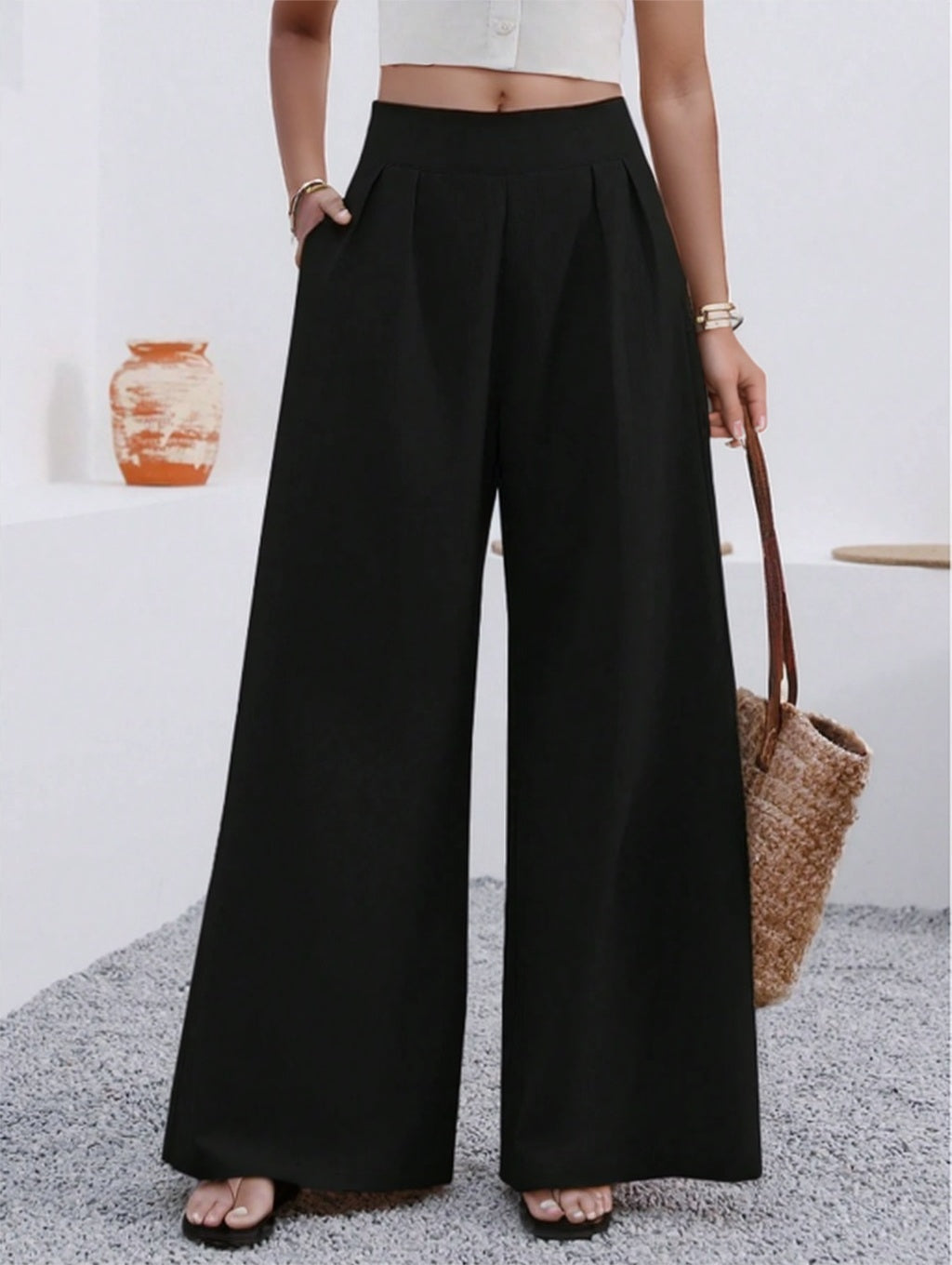 Solid Color Loose Wide Leg Elegant Pants With Pocket - image 2