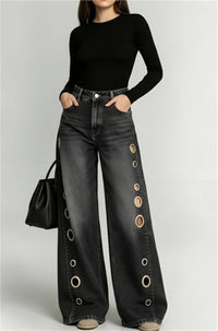 Jeans anchos negros con ojales de tiro alto - image 1