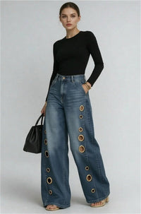 Jeans holgados de pierna ancha con ojales y lavado vintage - image 1