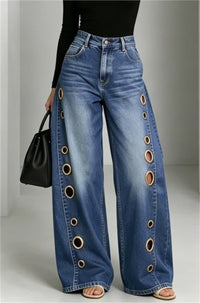 Women Wide Leg Jeans High Waist Blue Washed Grommet Baggy Denim Pants - image 1