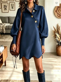 Lantern Sleeve Lapel Dress with Wavy Hem - image 4