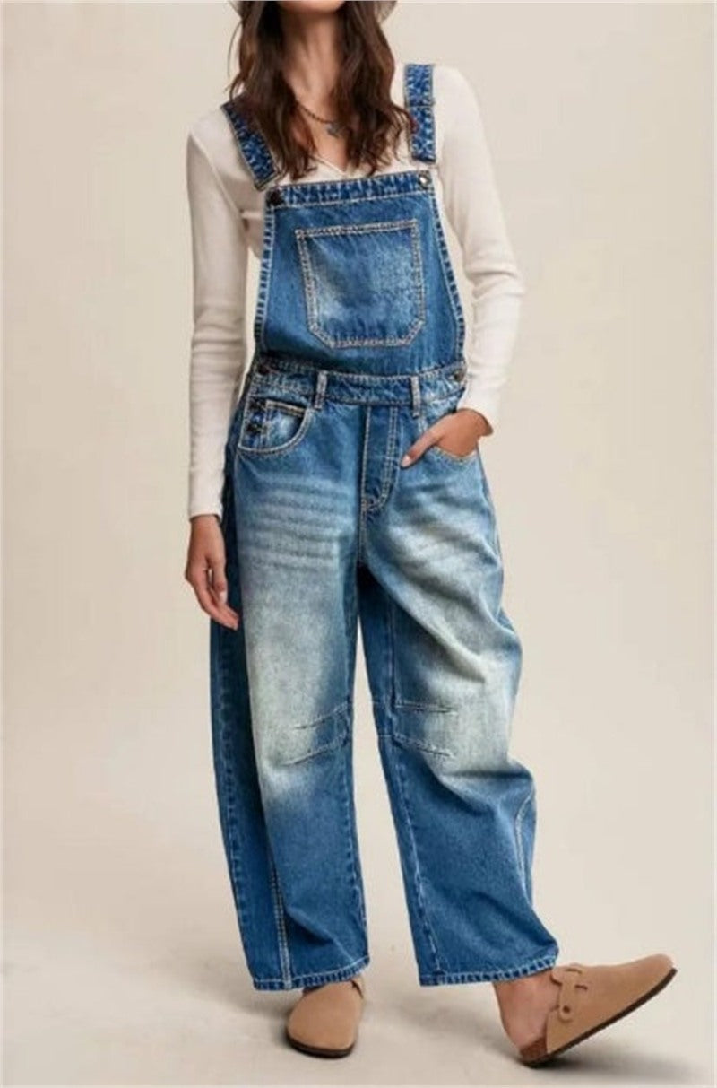 Women's Vintage Wash Wide Leg Denim Overalls